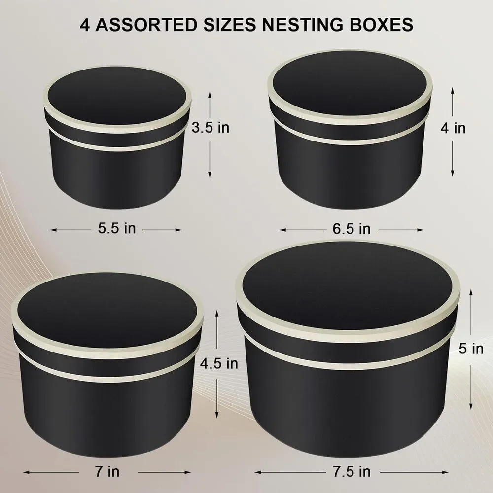 Round Gift Boxes with Lids for Presents, Flowers, Bridesmaid, 4 Pack-Black